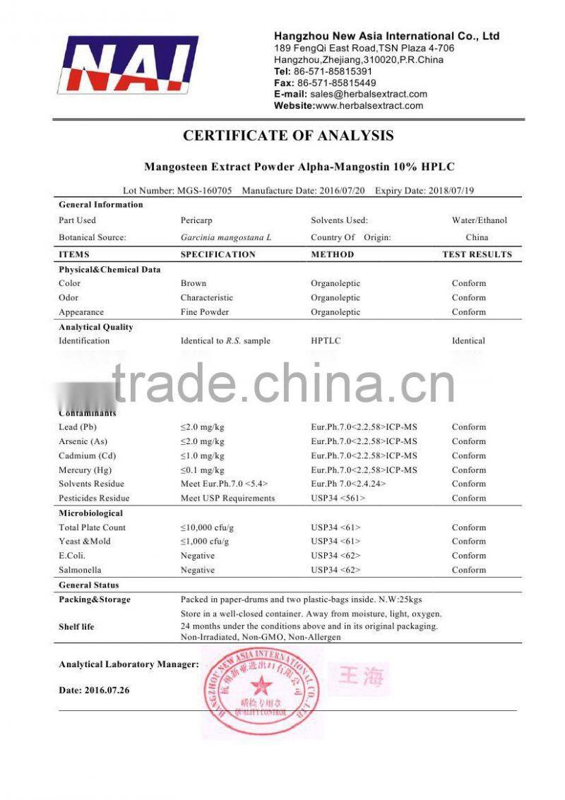 Pure Mangosteen Powder,Alpha-Mangostin 10%, 20%, 30%,40% HPLC,ID 100%,Low Contaminants of Aflatoxin,PAHs,Non-Irradiation