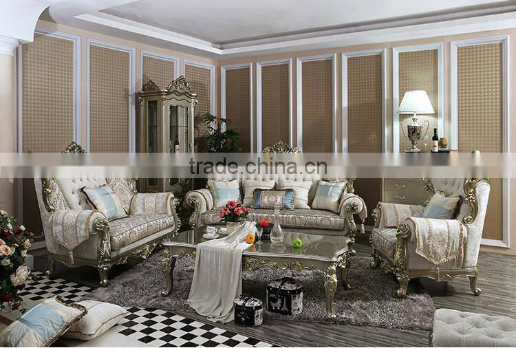 French Royal Champagne Gold Wooden Upholstery Sofa Set, Villa 1+2+3 Sofa Furniture(MOQ=1 SET)
