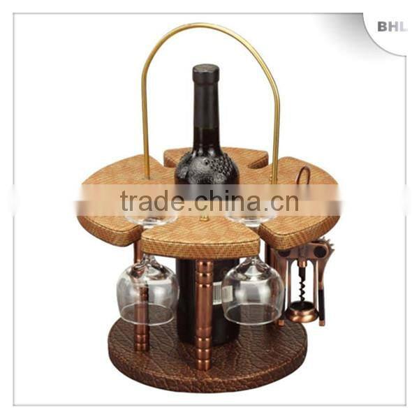 Hot Sales! Hotel Supplies Round Leather Red Wine Rack YJ-3 with 6 Glass Holder, Bottle Display Rack for Bar Counter/Guest Room
