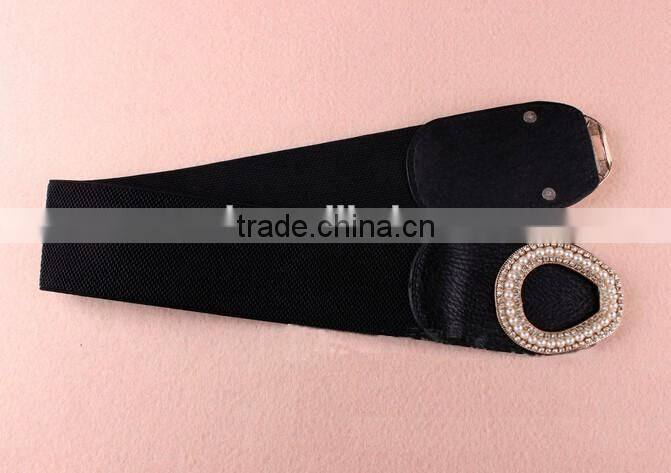 Wholesale pearl and rhinestone inlaid buckle sex women lady wide PU waist belt
