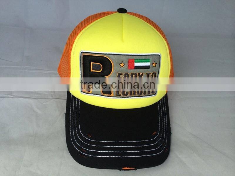 High quanlity 5 panel trucker caps and hats with flocking embroidery