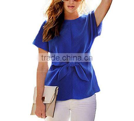 2016 Fashion Short Sleeve Bow O-neck Office Women Chiffon Shirt