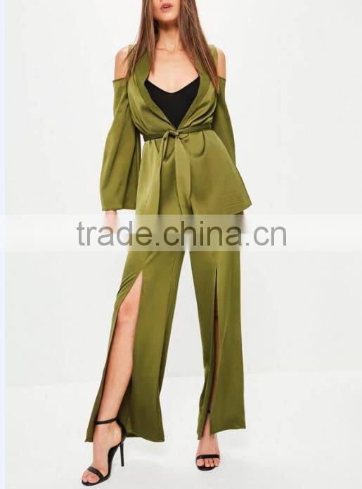 Picture of office ladies cold shoulder tie waist satin blazer green two piece sets for office ladies