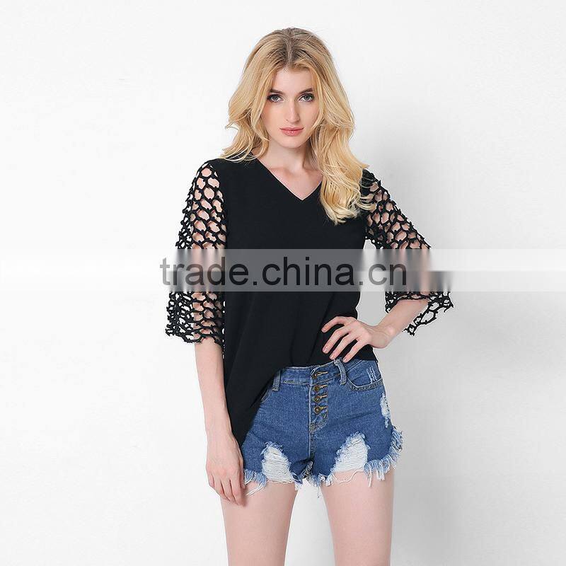 Black V neck models for summer three quarter sleeve womens plus size blouse