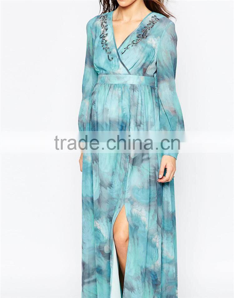 Maternity printed maxi long sleeve maternity dress for muslim with wrap front