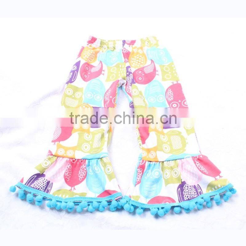 Ruffle Hem Blue Top With Owl Animal Prints Ruffle Pants Outfits Set Toldder Girl Clothing Set LBYTZ001-37