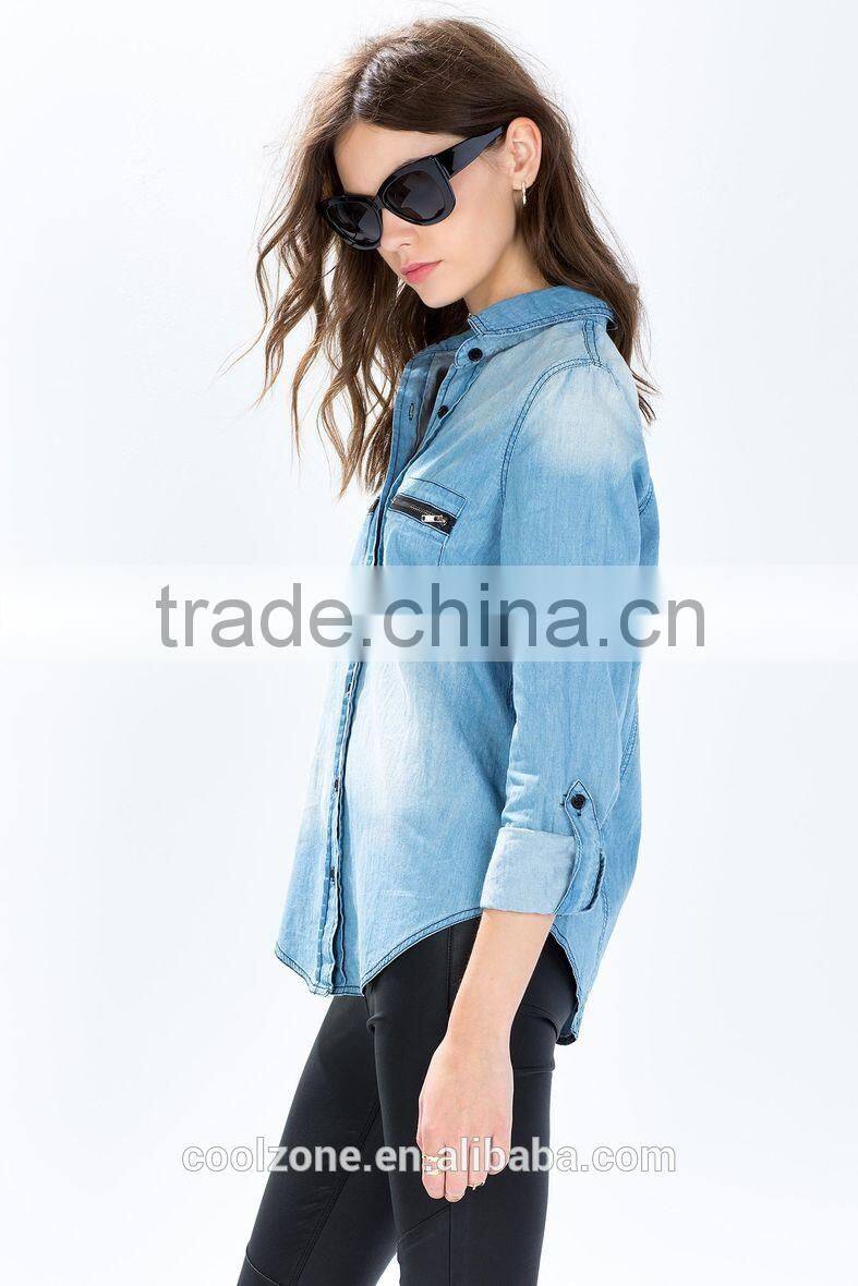 Classic pointed collar faded wash denim shirt wholesale woman shirt with double chest pockets