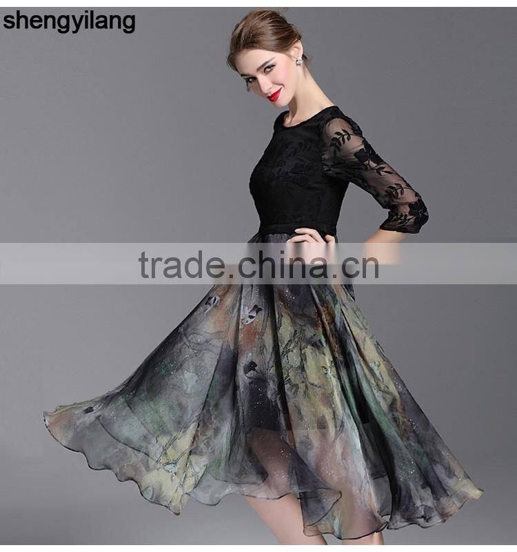 2016 spring summer retro lace silk slim A-line luxury guanzghou dress