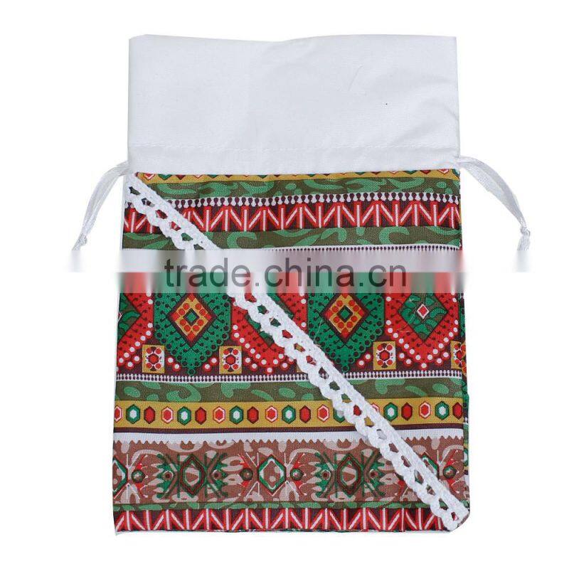 Promotional Multicolor Lace Rhombus Pattern Christmas Jute Jewelry Drawstring Bags