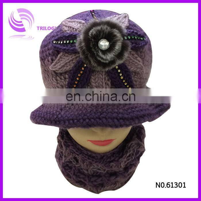 acrylic knitted lady and girls winter cap with bowknot