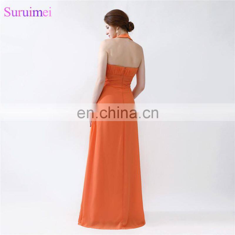 Orange Bridesmaid Dresses Floor Length Pleated Peach Color Chiffon On Sale Halter Bridesmaid Dresses