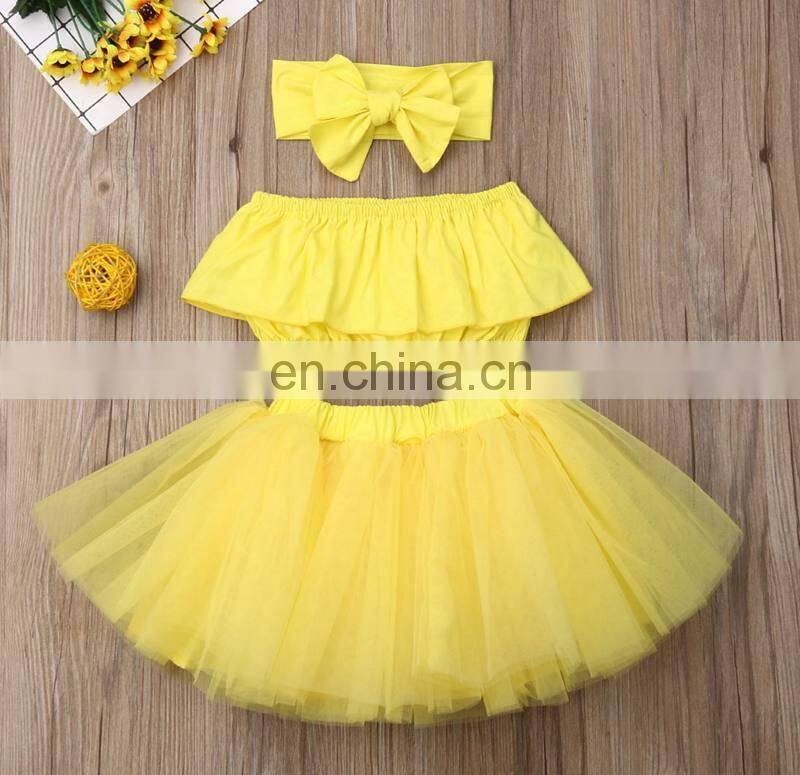 3Pcs Newborn Yellow Clothes Set Kid Baby Girl Outfit Off Shoulder Top+Tutu Tulle Skirt Set Summer Baby Clothing