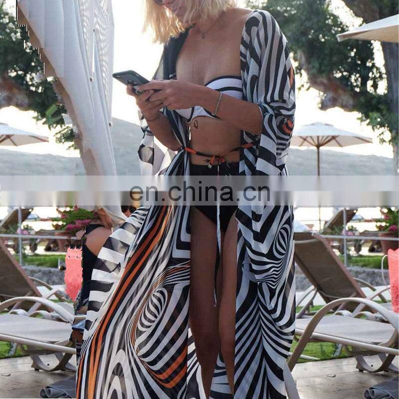 2019 Summer Zebra Stripe Bikini Cover Up Loose Beach Dress Women Pareo Long Chiffon Cardigan Beach Kaftan Robe de Plage