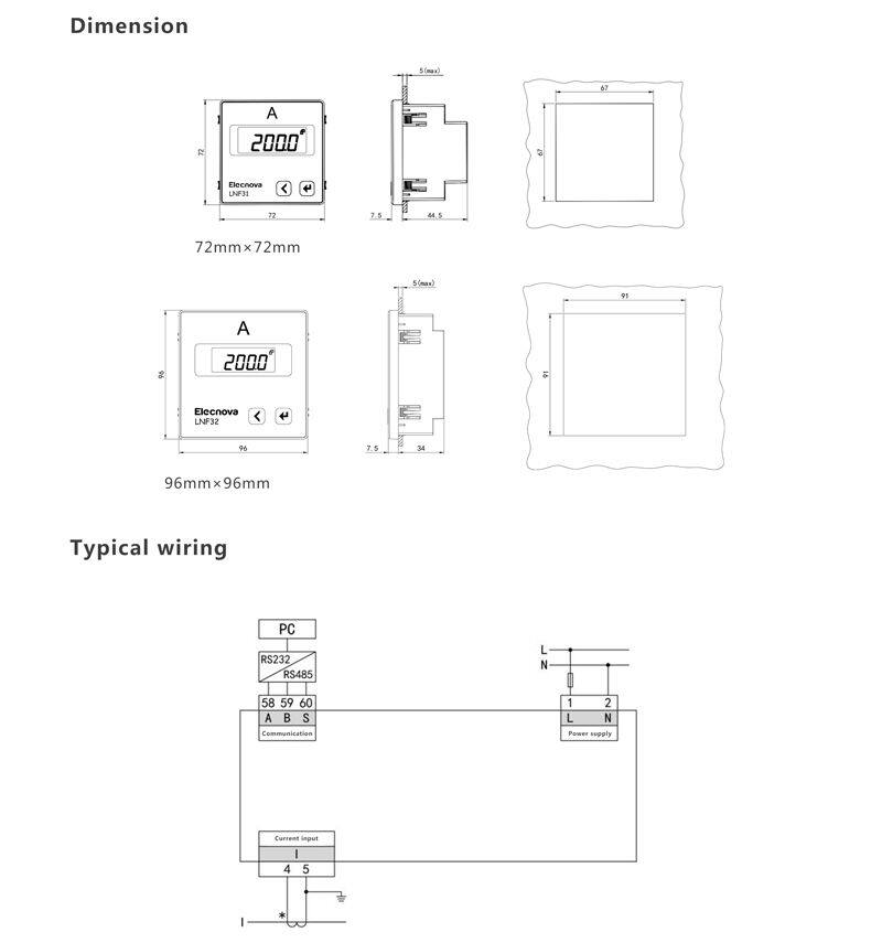LNF32 96*96*34mm lcd panel mounted 1 phase ac digital current meter with rs485