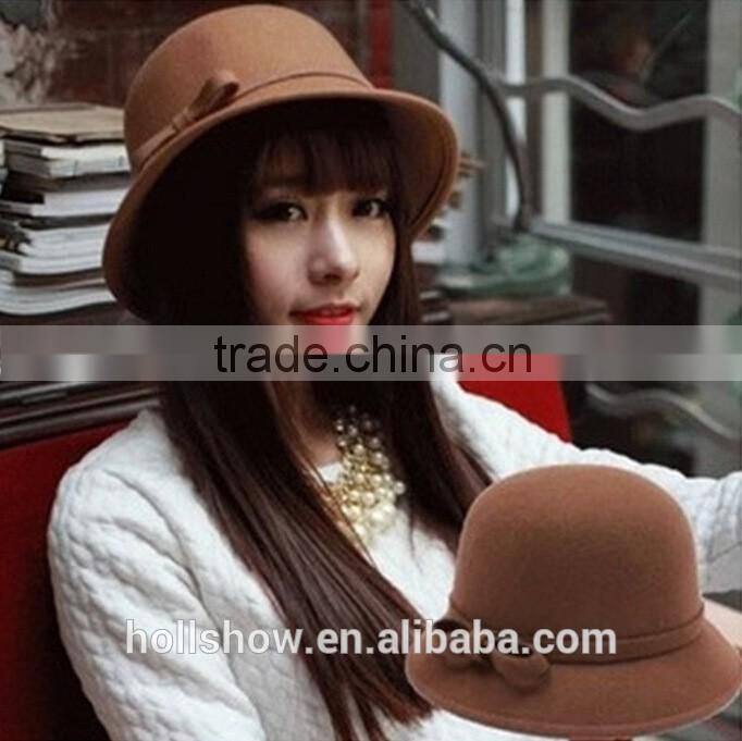 British Style Bowknot Ribbon Dome Wool Felt Elegant Charm Women Church Hat