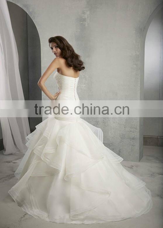 2015 New Arrival Satin Organza Applique Pleat Ruffles Crystal Beaded Mermaid Wedding Dress