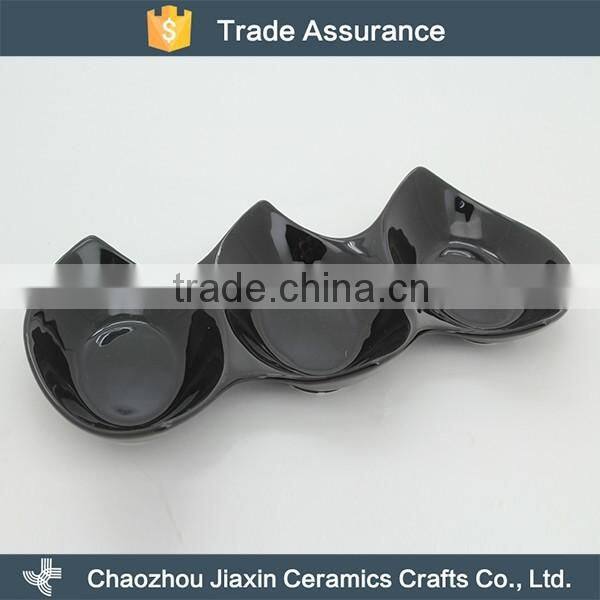 Wholesale restaurant tableware black divided porcelain snack dish