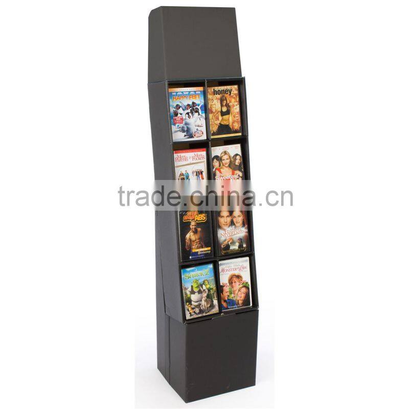 Customized Corrugated Black Cardboard DVD Display Rack, 8 Cells Display Shelf for DVD