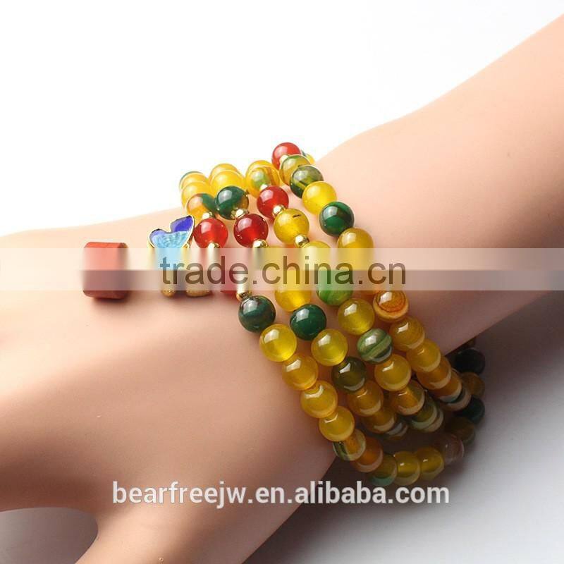 Bear Free Jewelry Multilayer Tibetan Natural Yellow and Green Agate Mala Bead Prayer Wrap Bracelet Necklace