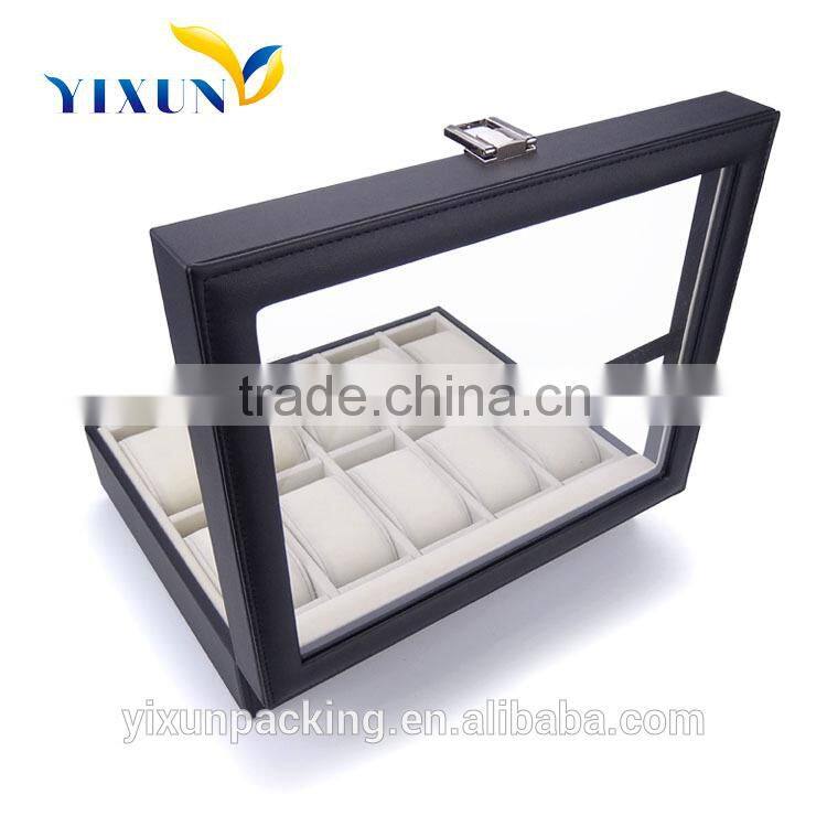 12 slots black rustic pu leather wrist watch storage box