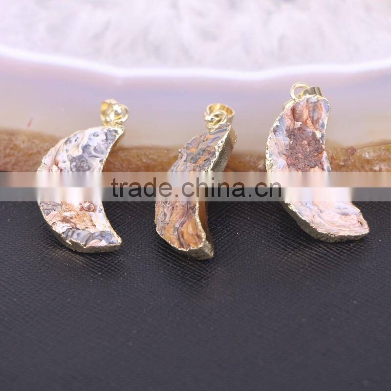 Natural Titanium AB Brazilian Galaxy Quartz Pendants, Crescent shape Gold plated Druzy Drusy Gem stone Pendant