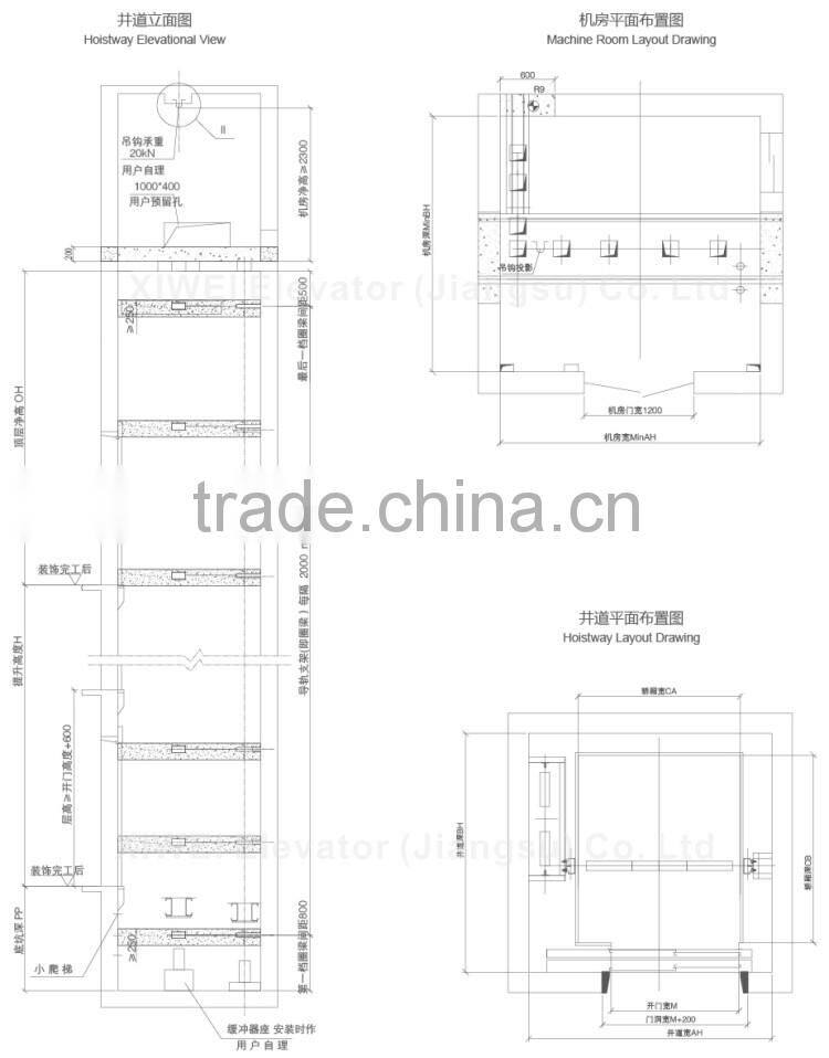 3000kg machine room car elevator with 0.5m/s