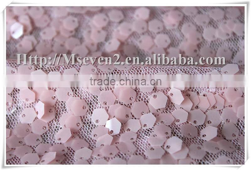 China best selling embroidery square sequin embellished fabric in pink color