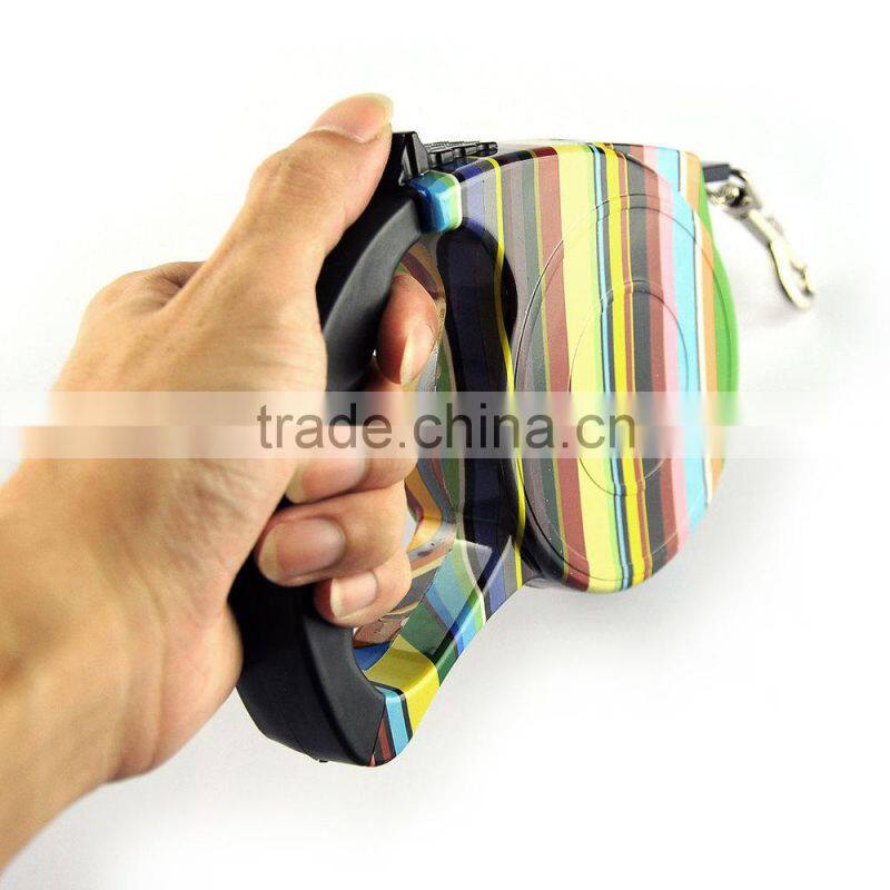 Colorful Stripes Pattern Retractable Pet Dog Leash Strap with Control Button