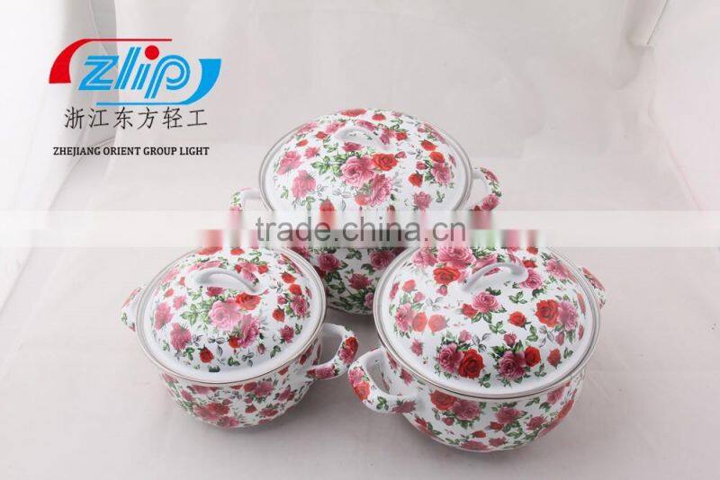 3 PCS ENAMEL CASSEROLE FULL OF FLOWER