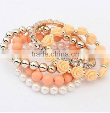 2016 Trendy Fashion Candy Color Pearl Rose Flower Multilayer Charm Bracelet & Bangle For Women Fashion Jewelry