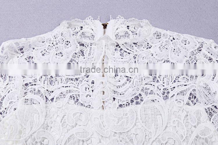 High collar long sleeve Knee length white lace dress