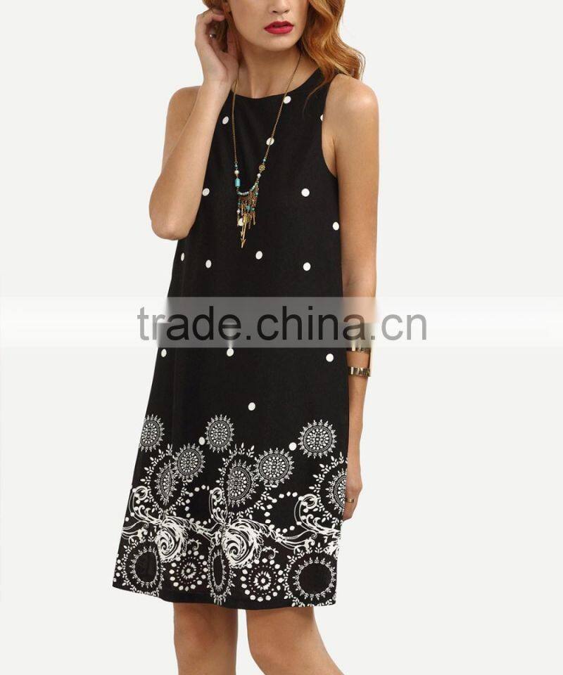 Casual Dresses For Women 2016 Summer Ladies Black Polka Dot Print Sleeveless Round Neck Short Shift Dress