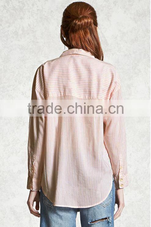 Woman long sleeve striped button down basic collar curved hem cotton blouse