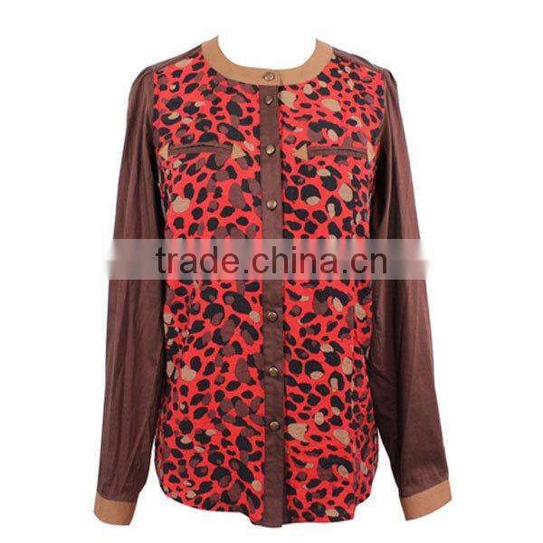 New arrival cotton poplin long sleeve red leopard printed shirts for ladies