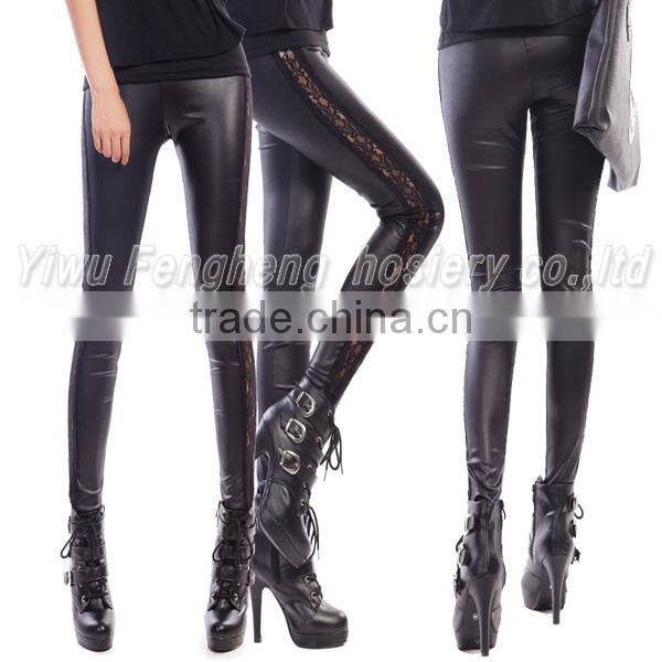 Winter imitation leather lace stitching thickening add wool leggings