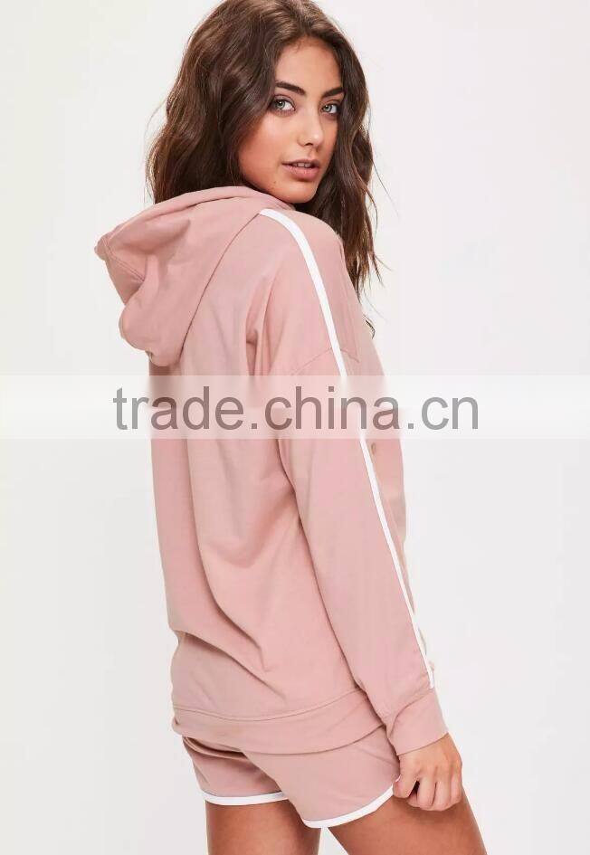 Hot Sale Pink Stripe Hoodies Drop Shoulder Custom Color 100% Cotton And Piping Running Short Pyjamas Set