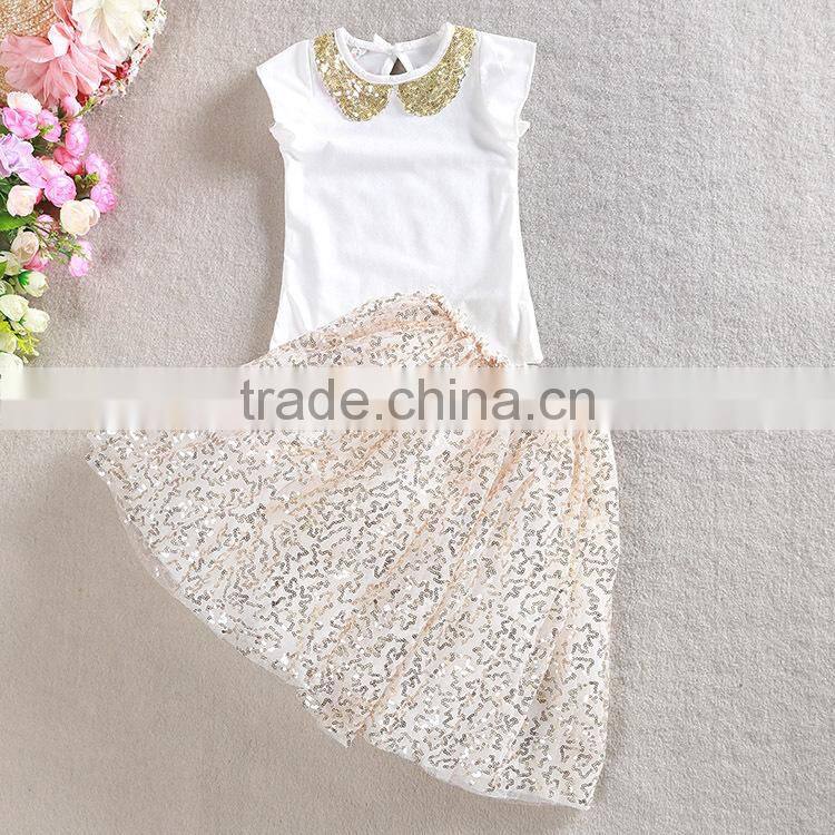 Valentines Day Gift Special Design Girls Cotton Sequins Skirt 2PCS Boutique Dresses