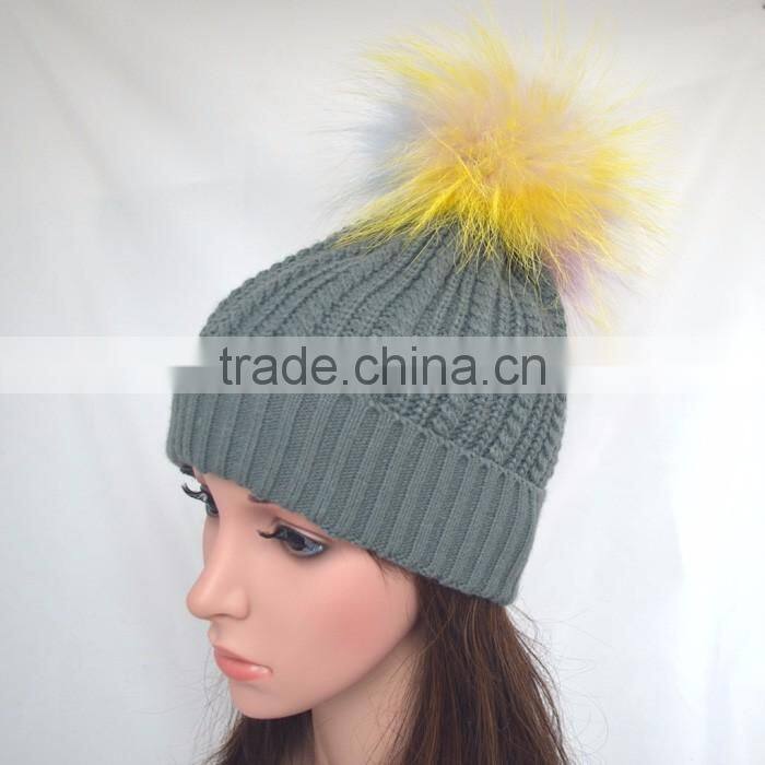 Myfur Wholesale Customized Woolen Yarn Knitted Beanies with Real Fur Bobble Top