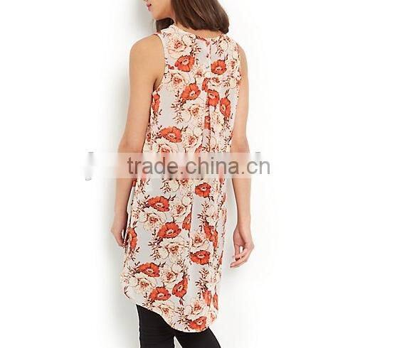Fashion Trendy Floral Print Dip Hem Shell loose Top clothes women summer 2015 alibaba china