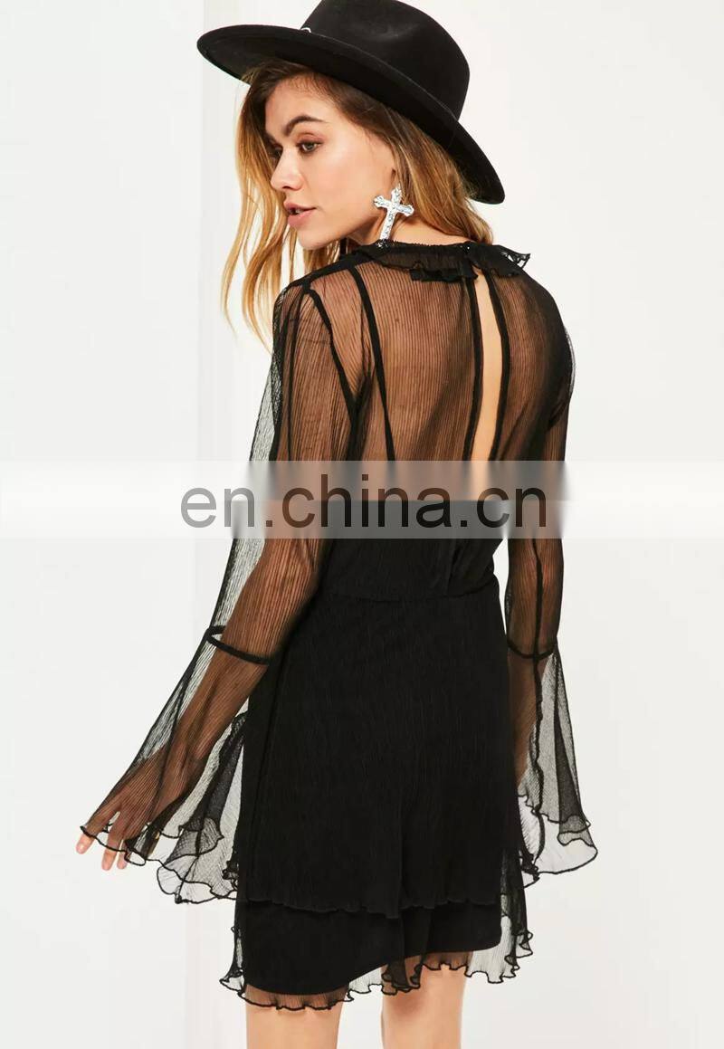 OEM Lady Clothes Black Pleated Layered Shift Dress 2017