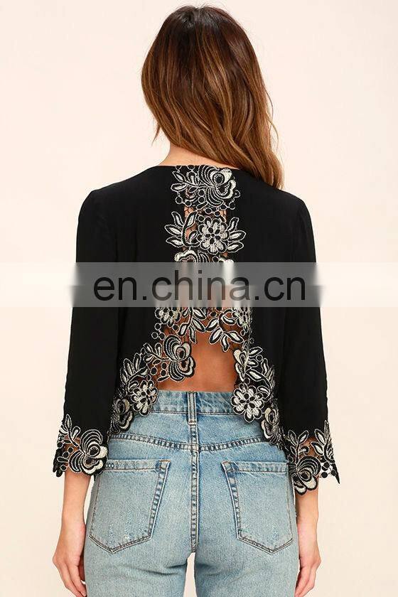 Black Round Neck Long Sleeve Open Back Lace Embroidered Crop Top