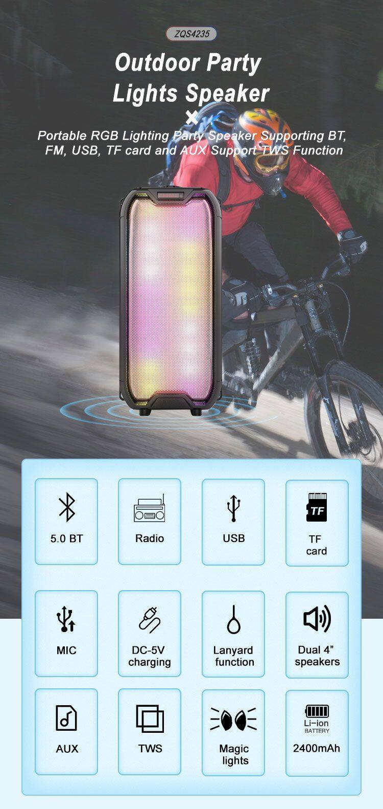 zqs4235 OEM portable 4-inch*2 speaker 16W power wireless bluetooth speaker with colorful lights