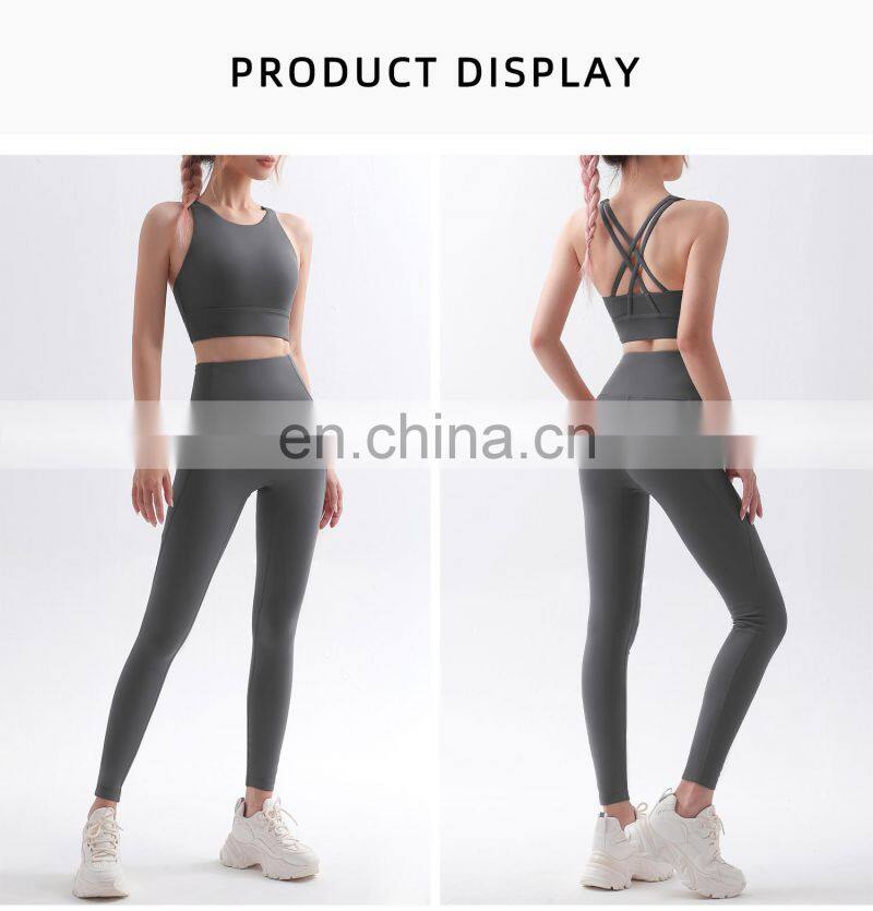 2 Pcs Fleece Yoga Sets Backless Sport Bra Gym High Waist Leggings For Women