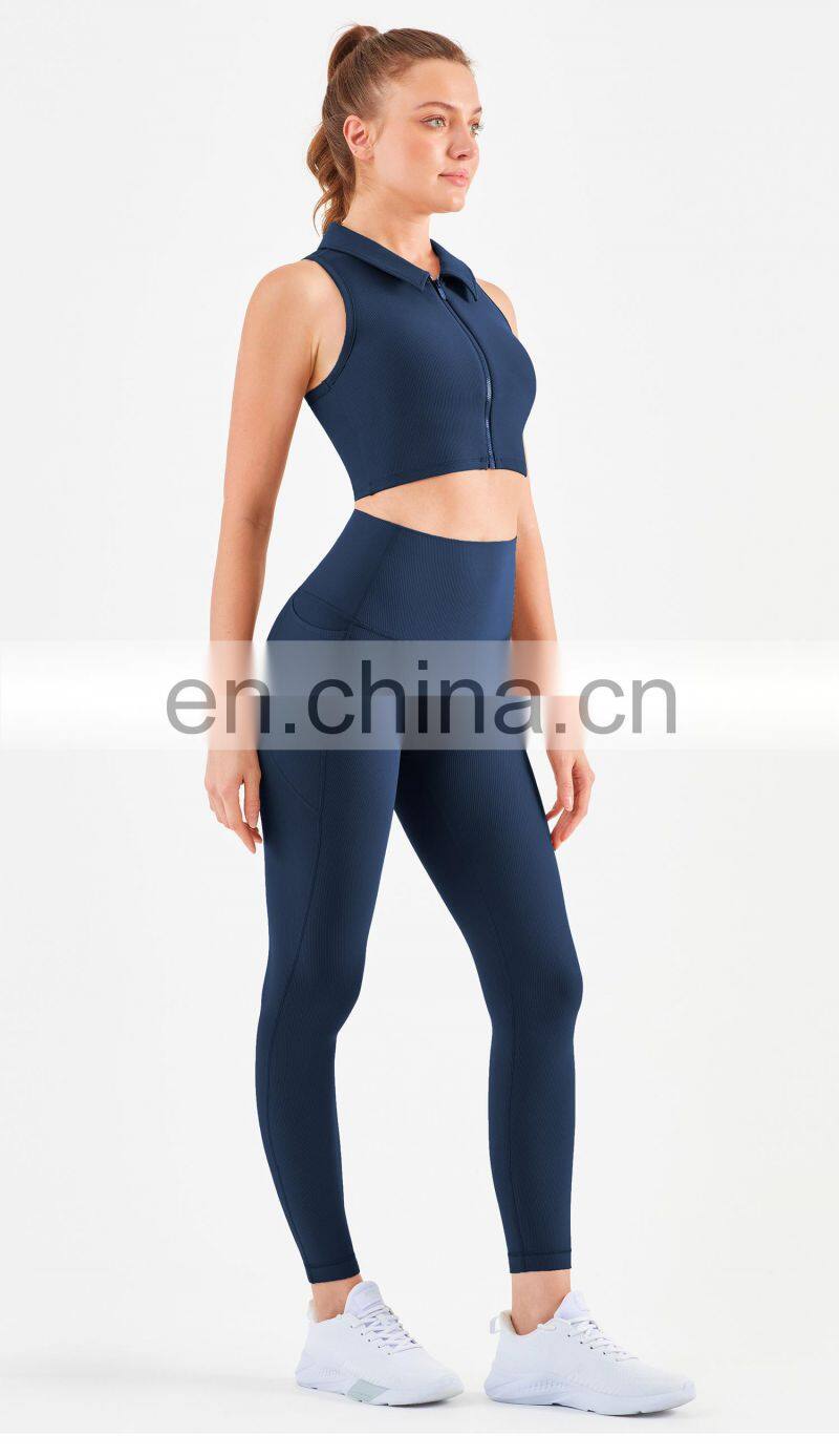 Workout Outfits Sports Ribbed Golf Polo Padded Bra Tank Top Yoga Legging Set Womens