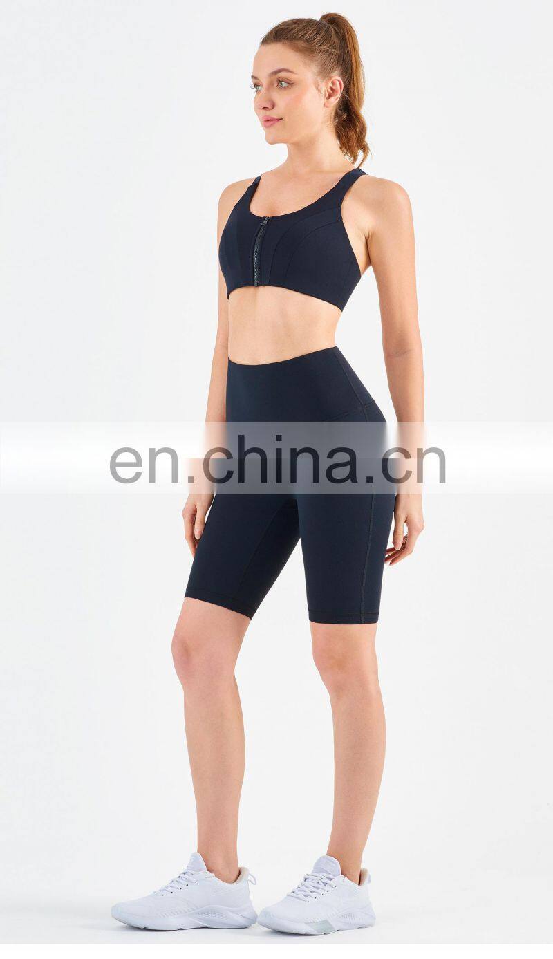 Tik Tok High Elastic Front Zipper Sport Bra Biker Shorts Sets Women Fitness Yoga Wear