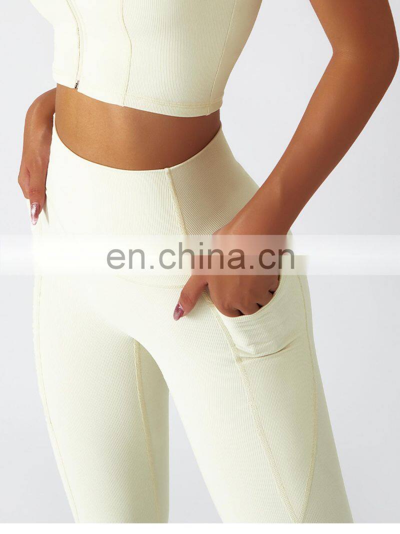 Women Ribbed High Waist Yoga Pants Wholesale Side Pockets Sport Fitness Leggings