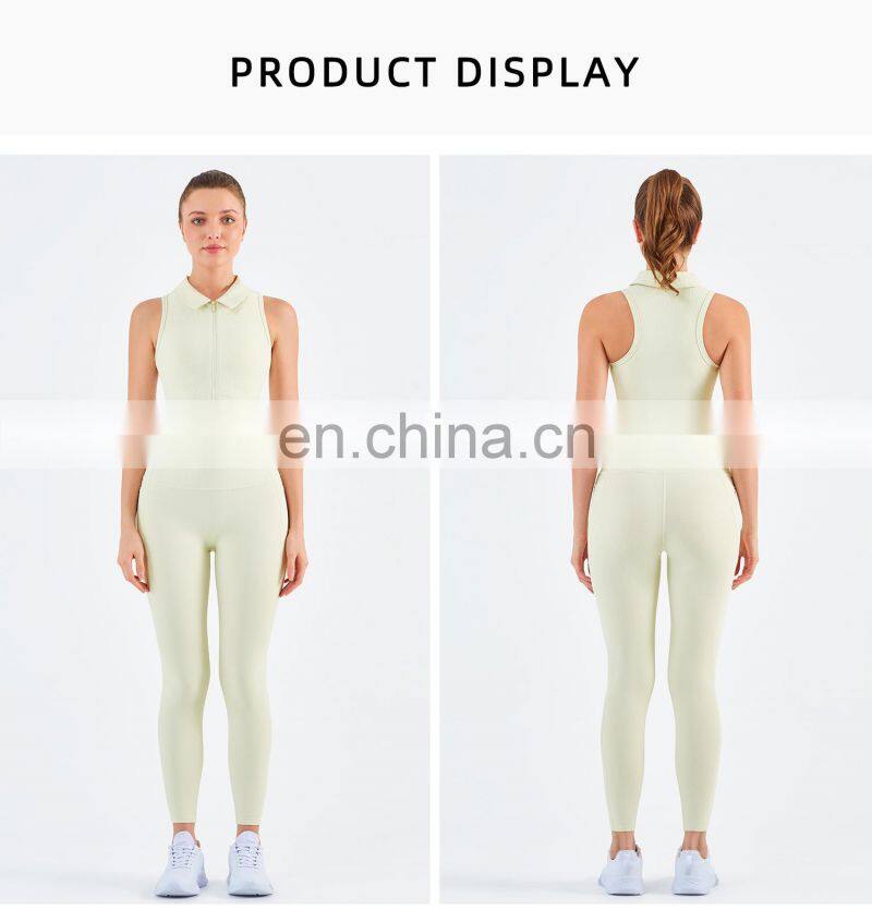 Workout Outfits Sports Ribbed Golf Polo Padded Bra Tank Top Yoga Legging Set Womens