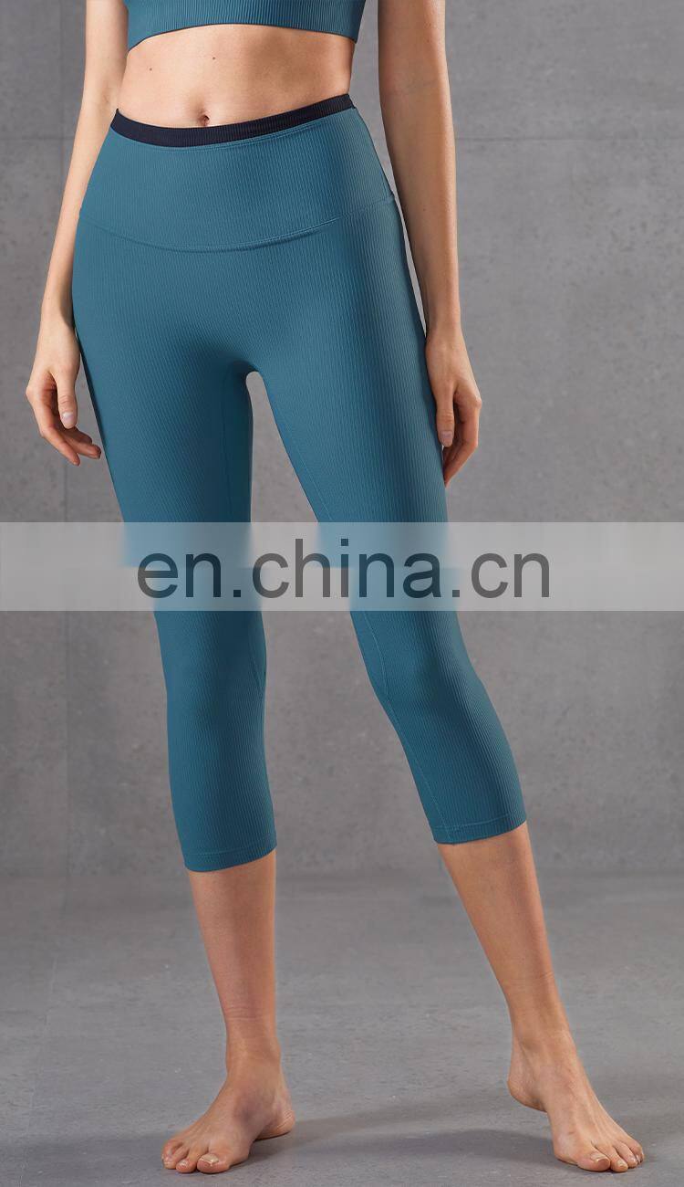 Hot Ribber Fabric Capri Sport Legging High Waist Women Yoga Pants Splice Color OEM