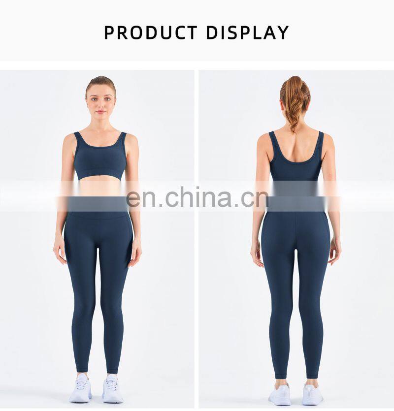 2022 Wholesale Ribbed Yoga Bra Pocket Leggings Set High Waist Gym Fitness Sets