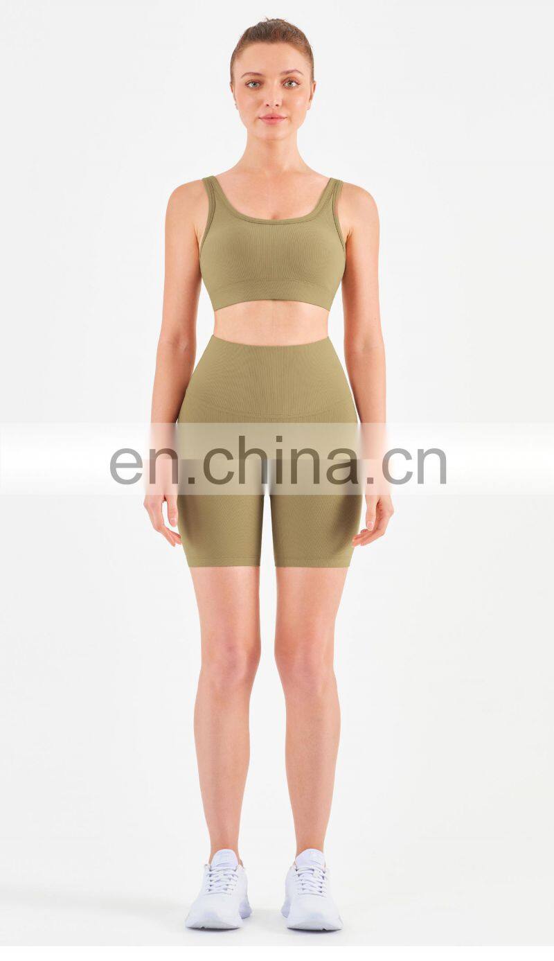 Athletic Ribbed Yoga Fitness Women Square Neckline Sports Bra Biker Shorts Set Gym